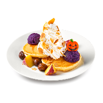 「ハロウィンパンケーキ」 通常価格：699円（税込） IKEA Family価格：599円（税込） ジャック・オー・ランタンをあしらった、さつまいも、栗、かぼちゃを使った秋の味覚がぎっしりのパンケーキ