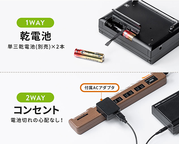 電源は、乾電池またはACコンセントから