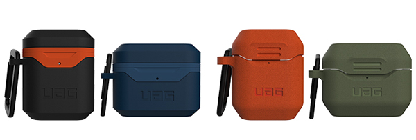 （左から）AirPods用「HARD CASE_001シリーズ」、AirPods Pro用「HARD CASE_001シリーズ」、AirPods用「SILICONE_001シリーズ」、AirPods Pro用「SILICONE_001シリーズ」