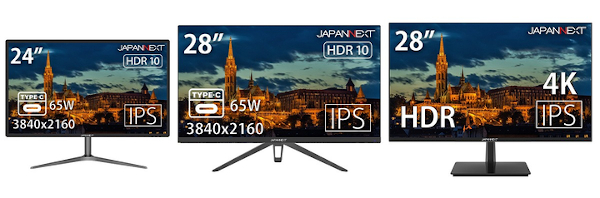 JN-IPS24UHDRC65W（左）、JN-IPS28UHDRC65W（中央）、JN-IPS2800UHDR（右）