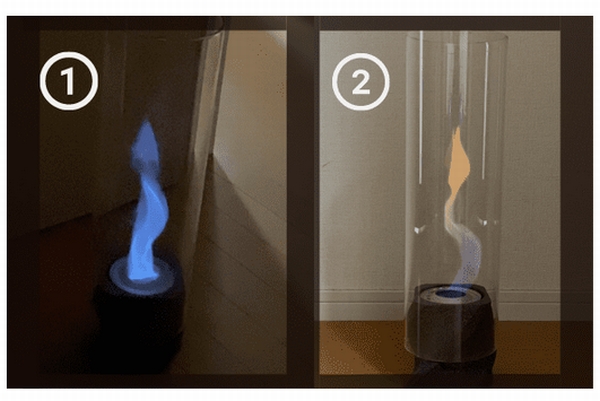 ①メタノール70％、エタノール30％の配合では青い炎、②発酵エタノール88％と精製水ではオレンジの炎に