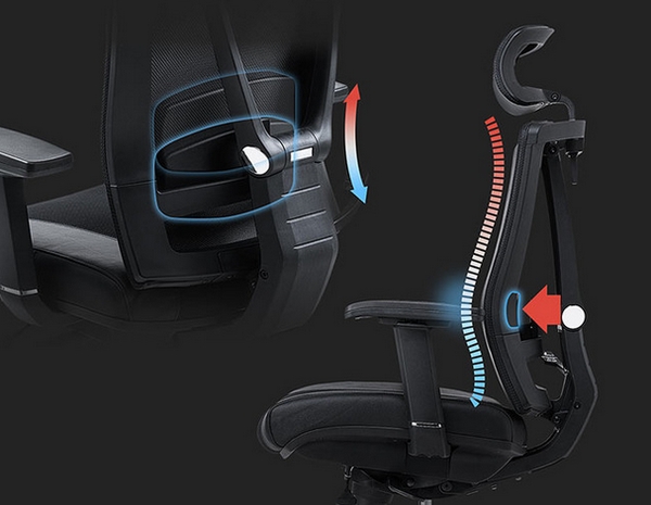 デザインはS字背もたれ&可動式ランバーサポートにより長時間座っても疲れにくい。 また、背もたれと座面は本革とメッシュのハイブリット素材で、センター部分はメッシュ素材になっているので汗だまりが起きにくい