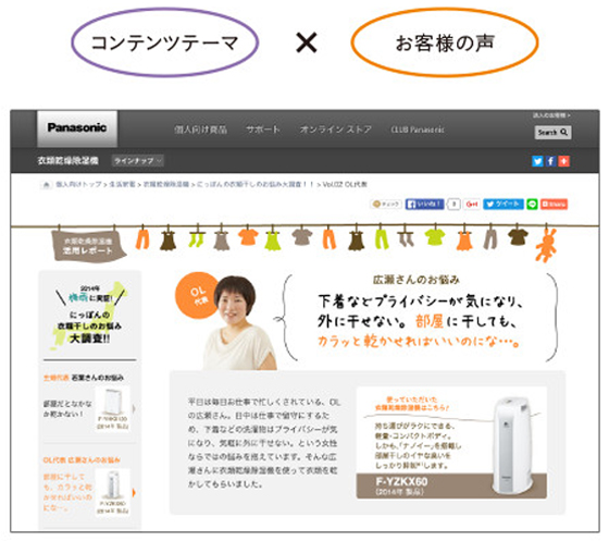 【03】お客様の声型 Panasonicの除湿機ウェブサイト。「下着などの洗濯物はプライバシーが気になり、気軽に外に干せない。」という生の声をうまく利用している