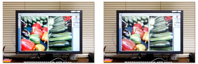 左はAdobe RGBモード写真を「ピクチャーモード」で表示したもの。右はディスプレイを「sRGBモード」に切り替え 写真